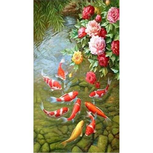 5D Diy Diamond Painting Peony nine carp illustration Diamond Mosaic Cross stitch Square round diamond Wedding DecorationZP-3517
