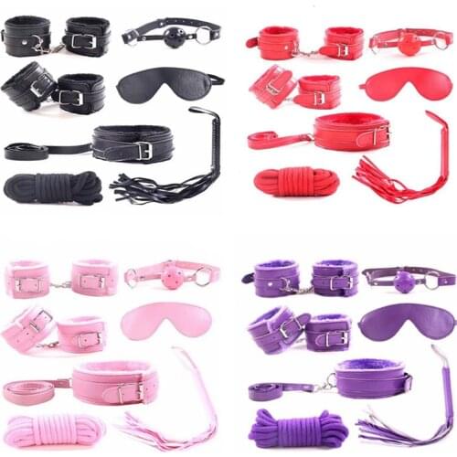 7pcs/set for Woman PU Leather SM Bondage Set Sex Handcuffs Footcuffs Whip Rope Eye Mask Blindfold Erotic Toys Couples
