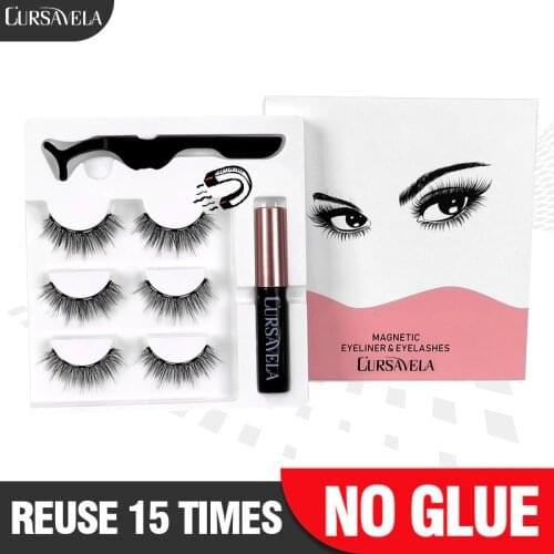 Cursavela Magnetic Eyelashes Eyeliner Strip False Lashes Eyelash Extension Curler Tweezer Magnetic Set Natural 3 Pairs Lash