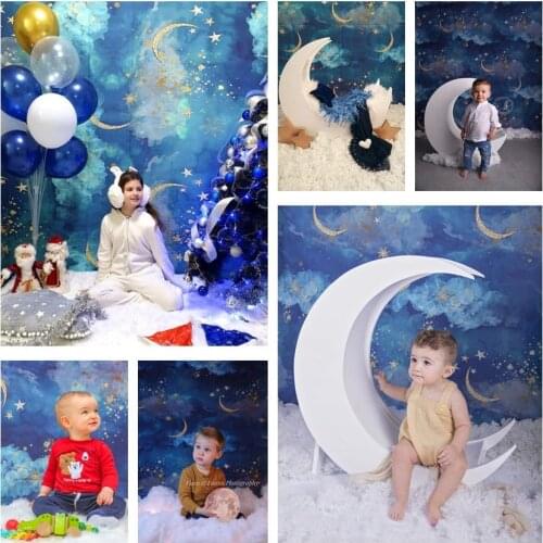 Newborn Backdrop Blue Sky Cloud Gold Moon Stars Children Birthday Party Photography Background Studio Baby Shower Photozone Prop