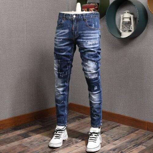 Newly Fashion Streetwear Men Jeans Retro Dark Blue Elastic Cotton Ripped Jeans Men Vintage Designer Slim Fit Hip Hop Pants Homme