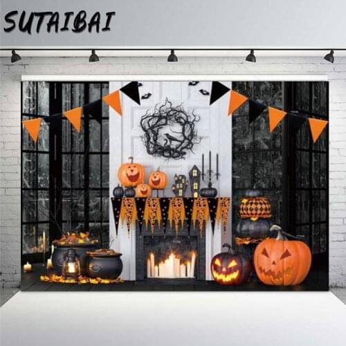Halloween Photography Backdrop Pumpkin Lantern Fireplace Black Window Interior Portrait Photo Studio Background Shoot Photocall