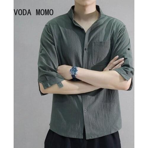 Cotton Linen Shirt Mens Summer Short-sleeve Leisure Japan Black White Shirt Loose Half-sleeve Shirt Mens Top camiseta masculina