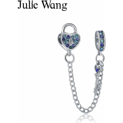 Julie Wang 5PCS Lock Heart Key Bead Charms Rhinestone Safety Chain Alloy For Bracelet Jewelry Making Accessory
