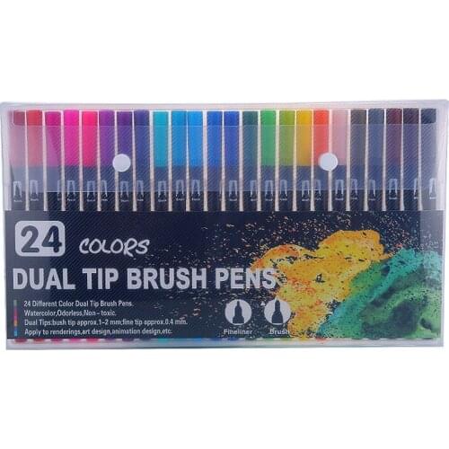 24 Colors Dual Tip Watercolor Brush Art Mark Pen Sketching Liner Manga Graphic Design Drawing HandTwo Head Color Fineliner Pen