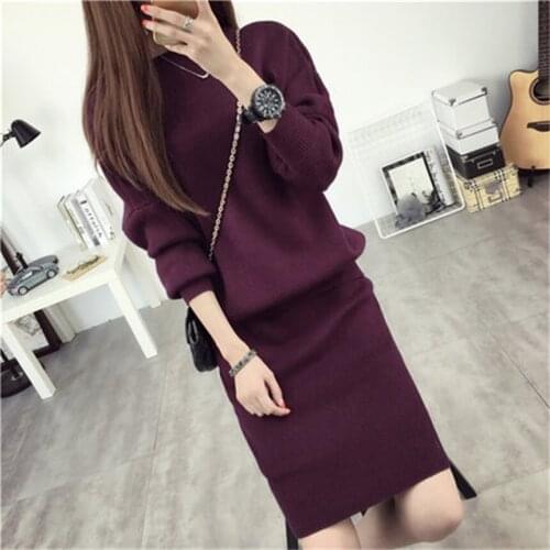 Sweater skirt suit two-piece dress Spring and Autumn package hip skirt round neck long-sleeved knit two-piece skirt hedging