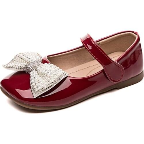 Girls Leather Shoes Princess Elegant Chic Kids Flats Square Toes Shallow Childrens Shoes For Toddlers & Big Girls Beading Bow