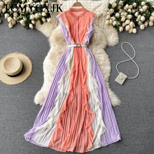 Summer Dresses Ladies 2021 Green Ruffles Spliced Casual Beach Maxi Dresses Women Harajuku Pleated Chiffon Dress Women Elegant