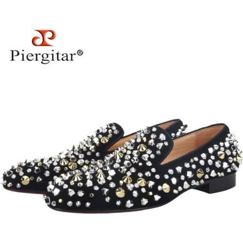 Piergitar Handmade Six Styles Gold And Sliver Spikes Flat Party And Wedding Mens Luxury Loafers Red Outsole Dandelion Moccasin