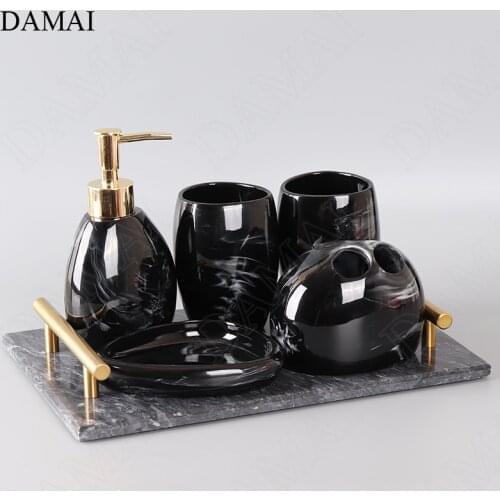 Five Piece Set Ceramic Bathroom Accessories Set European Creative Marble Texture Shower Wash Set Restroom Toiletries Organizer