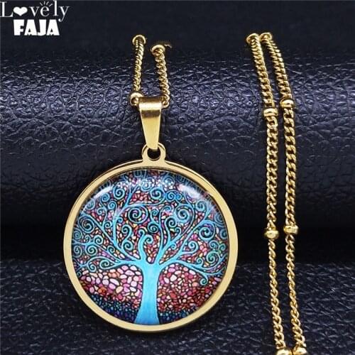 Tree of Life Glass Stainless Steel Charm Necklaces Women Gold Color Statement Necklace Jewelry collar acero inoxidable NXS03