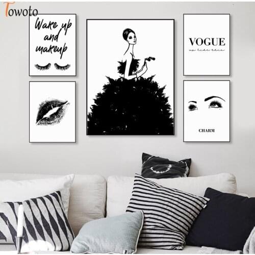 Make Up Quote Poster Minimalist Black and White Canvas Painting Lip Eyes Black Dress Girl Print Modern Wall Art Wall Pictures