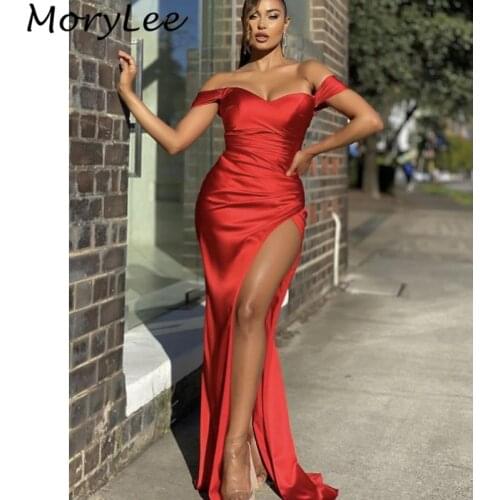 Prom Dresses Red Off The Shoulder Side Slit Silk Satin Mermaid Prom Dresses With Zipper Back vestidos de fiesta de noche
