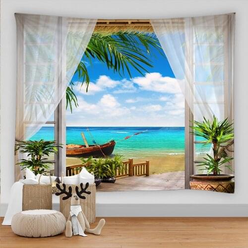 Seaview Landscape Tapestry Sea Coconut Tree Wall Hanging Beach Tapestries 3D Printed Large Wall Tapestry Boho Hippie Home Decor