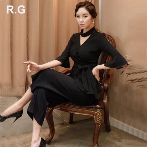 RG Formal Business Work Wear Blazer Trouser Suit for Women V-Neck Ruffle Sleeve Ninth Pants Womens Suits terno feminino 2018