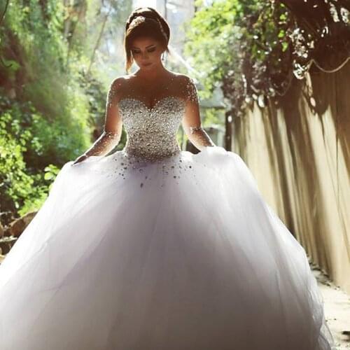 Luxury Crystal Beading Lace Ball Gowns Sheer Long Sleeves Wedding Party Dresses Custom Made