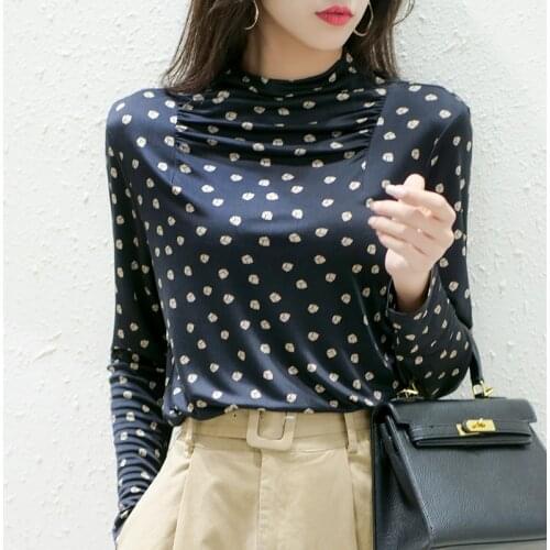 Niche Mulberry silk shirt women summer polka dot long-sleeved half-high collar ruffled shirt top outer wear collar loose shirt