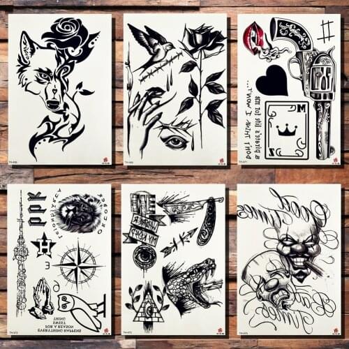 FANRUI Wolf Rose Smoke Sexy Lip Temporary Tattoo Sticker Triangle Gun Clown Mask Love Fake Tattoos Body Art Arm Black Tat