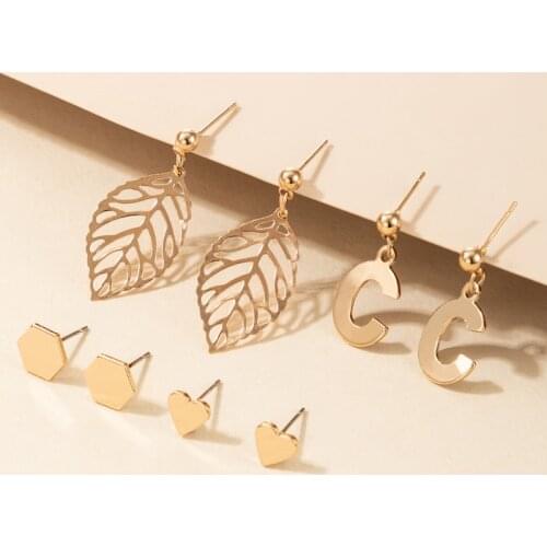 Docona 4pair/set Bohemia Love Heart Leaf Stud Earrings for Women Gold Geometry Metal Earring Set Female Jewelry Brincos 17489