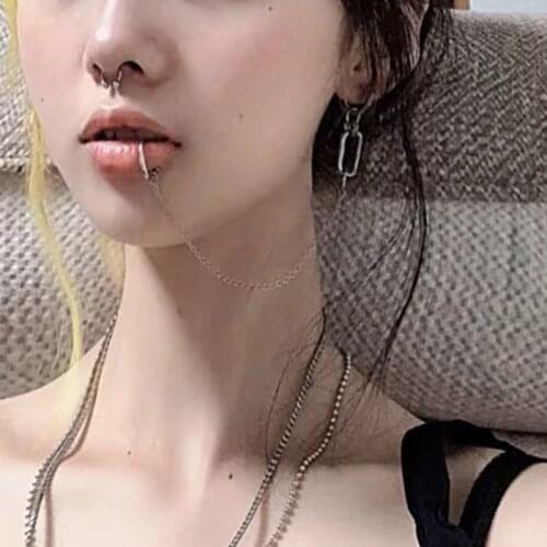 Punk Style Cool Personality Nose Chain Fake Earrings Lip Ring With Long Chains Trendy Piercings Earring Ear Clip Body Jewelery