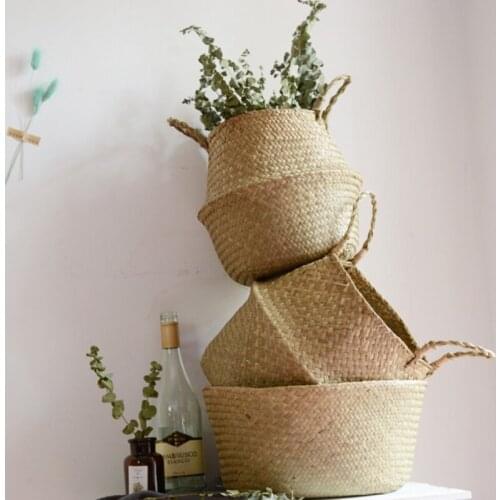 Storage Baskets Foldable Laundry Straw Patchwork Wicker Rattan Seagrass Belly Garden Flower Pot Planter Handmade Basket