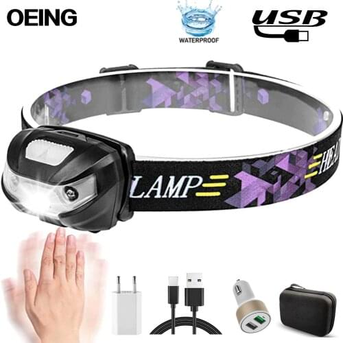 USB Rechargeable LED Headlamp Super Bright Flashlight with Motion Sensor Switch, 3 Lighting Modes, for Running, Camping, Hiking