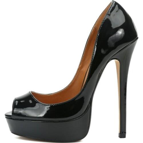 Large size 48 Classic 16cm High Heels Paltform Women Pumps Fashion Patent Leather Red Black Heels Peep Toe Wedding Shoes Women