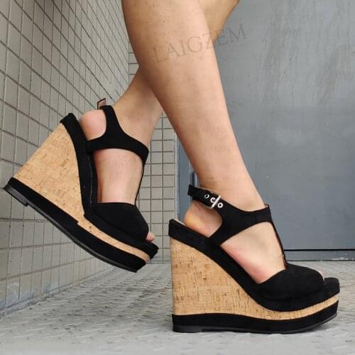 LAIGZEM Women Pumps Platform Wedges Faux Suede Patchwork Ankle Straps Sandals Peep Toe Party Unisex Shoes Woman Big Size 42 52