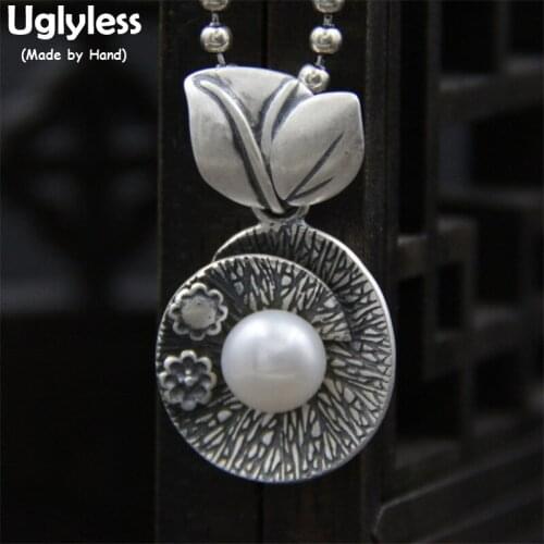 Uglyless Real S999 Fine Silver Women Vintage Round Pendants Necklaces without Chains Nature Pearl Jewelry Engraved Leaves Bijoux