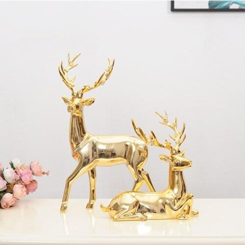 2pcs Golden Imitation Copper Elk Ornaments Luxury Living Room Wine Cabinet Office Animal Ornaments Home Decoration Wedding Gifts