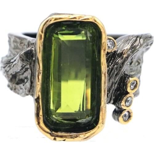 20x18mm Unique Vintage 17g Created Green Peridot Blue Aquamarine Pink Tourmaline Black Metal Silver Rings Neo-Gothic Wholesale