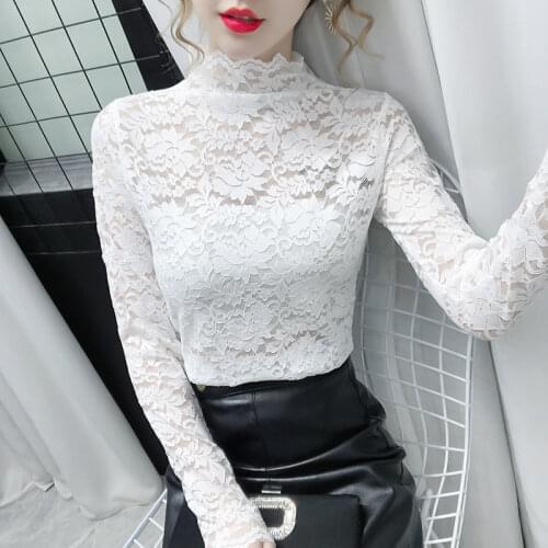 Women Blouse Womens Turtleneck Lace Autumn Winter Mesh plus Size Long Sleeve Top Blusas Ropa De Mujer