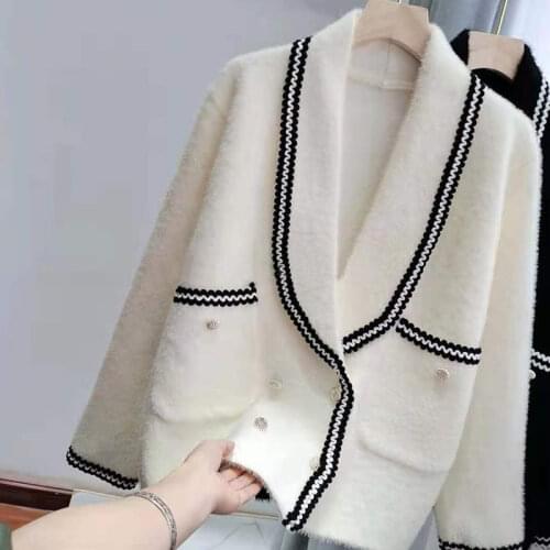 Imitation mink velvet jacket women short loose spring and autumn new woolen coat knitted cardigan sweater western style