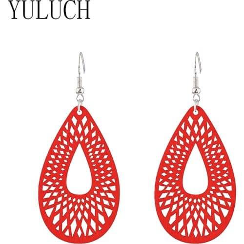 YULUCH Women Water Drop Pendant Hollow OUT Earrings Girls Art Simple and Elegant Accessories Ladies Casual Wooden Jewelry