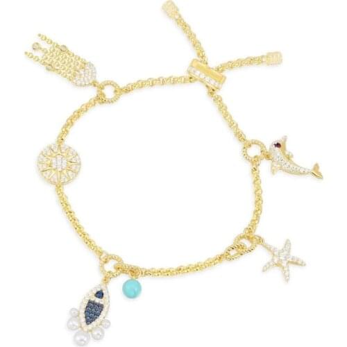 Fashion S925 Sterling Silver Elements of The Sea Bracelet with Jellyfish Fish Starfish Dolphin Charm Women Summer Jewelry