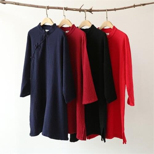 Plus size Spring and Autunm women stand collar cotton linen dress,chinese button vintage dress,prairie chic casual dress M-6XL