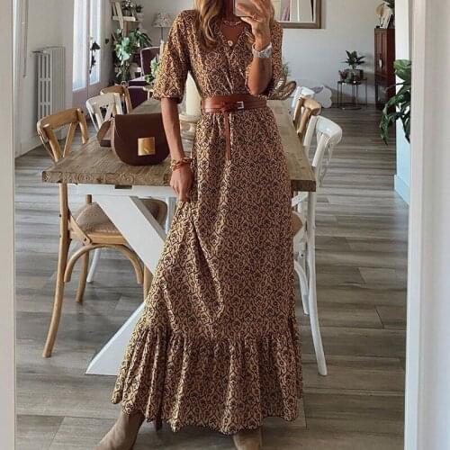 Vintage Floral Print Beach Holiday Dress Women Boho V Neck Short Sleeve Loose Maxi Party Dress Spring Summer Ruffle Casual Dress