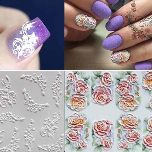 1pc 3D Engraved Flower Nail Sticker Embossed Flower Flamingo Leaves Fashion Water Decals Empaistic Nail Water Slide Decals
