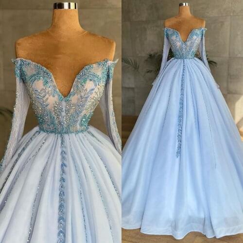 2021 Blue Evening Dresses Sheer Jewel Neck Rhinestones Beads A Line Long Sleeve Prom Dress Custom Made Formal Vestidos De Fiesta