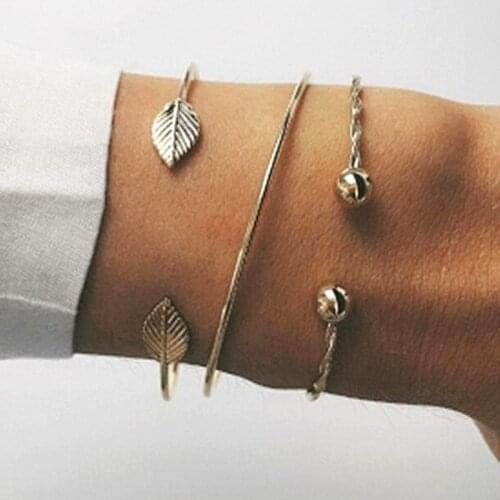 3 Pcs/set Fashion Bohemian Leaves Round Spiral Open Bangles Women Girl Punk Style Charm Bracelet Set Jewelry Statement Gift