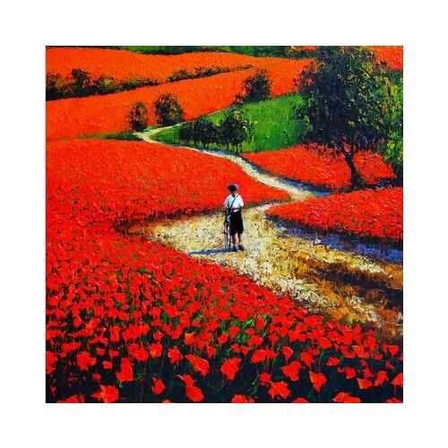 Abstract Landscape Oil Painting Little Boy With Bicycle In Red Sea Flower Oil Painting For Living Room Wall Artwork Decorations