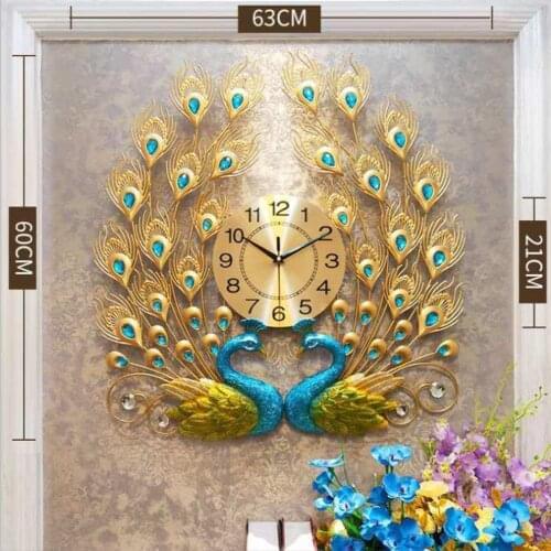 Large 60x60cm European Style Modern 3D Diamond Crystal Quartz Peacock Wall Clocks Home Living Room Decor Silent Wall Clock
