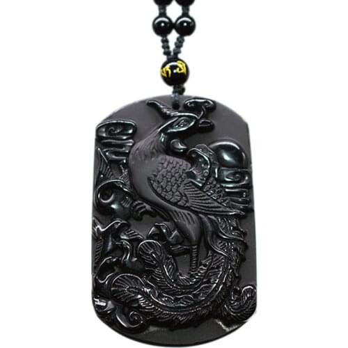 Black Obsidian Phoenix Necklace Pendant Big Bird Jewelry Amulet Black Lucky Jewelry
