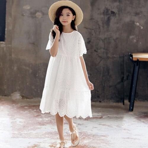 2021 Summer mesh hollow Dresses White kid baby white Girls Mid Long lace Patchwork Teenager 5 7 6 8 10 12 14 9 11 13 15 17 Years