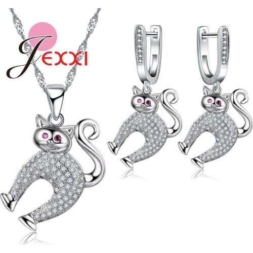 Exaggrated Style Fashion Animal Charm Cute Cat Necklace Earrings Set Hotsale Silver Jewelry Women Casual Sweater Pendant