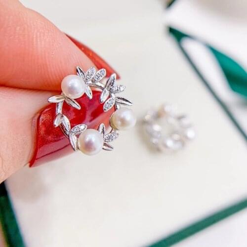 New Leaf 925 Silver Stud Earrings Mouts Findings Component Jewelry Parts Fittings for Pearls Coral Jade Agate Beads Stones