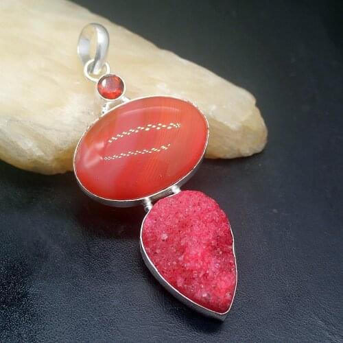 Gemstonefactory Jewelry Big Promotion Single Unique 925 Silver Garnet Botswana Agate Drusy Quartz Women Lady Necklace Pendant