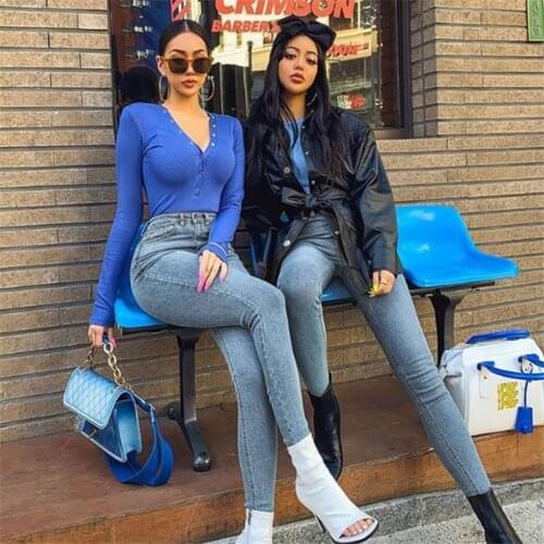 Classic Vintage High Waist Stretch Skinny Jeans Female Casual Streetwear Skinny Pencil Pants Fashion Slim Light Blue Denim Pants