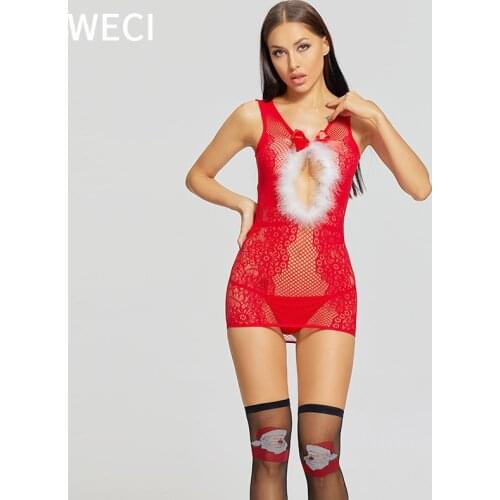 WECI Red Christmas Lingerie Sexy Costume Erotic Outfit Women Lace Up Plush Dress Wrap Buttock Open Chest 2021 New Year Underwear