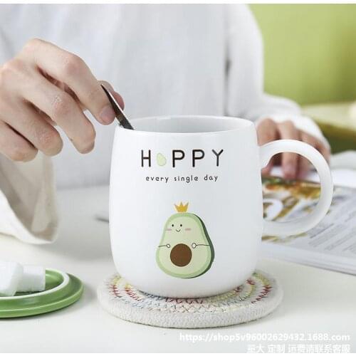 Creative Cartoon Avocado Ceramic Mug Cup Mens and Womens Household Spoon Gifts Customized Mug of Coffee Cup with Cover
